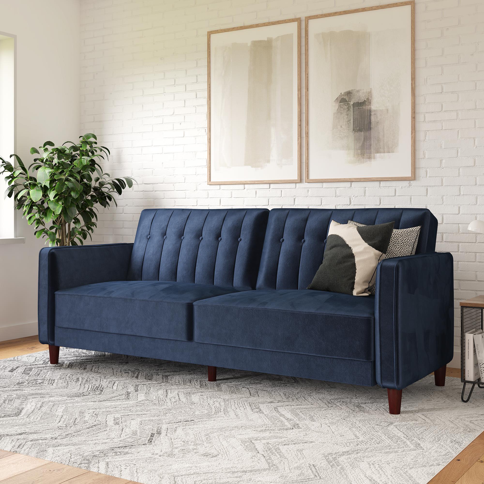 DHP Vintage Apartment Sofa with Wooden Arms, Blue Velvet Pin